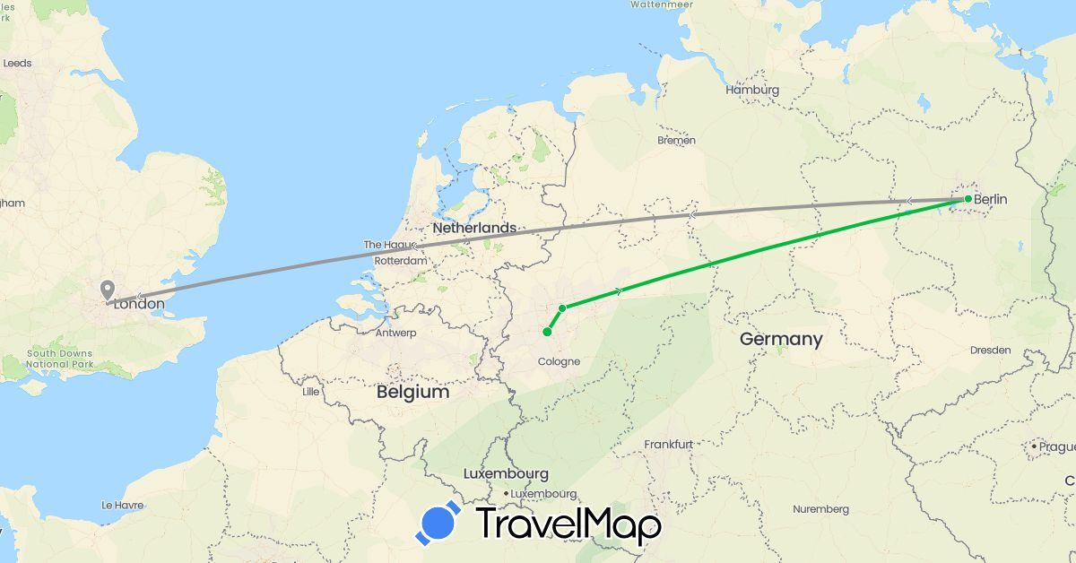 TravelMap itinerary: driving, bus, plane in Germany, United Kingdom (Europe)